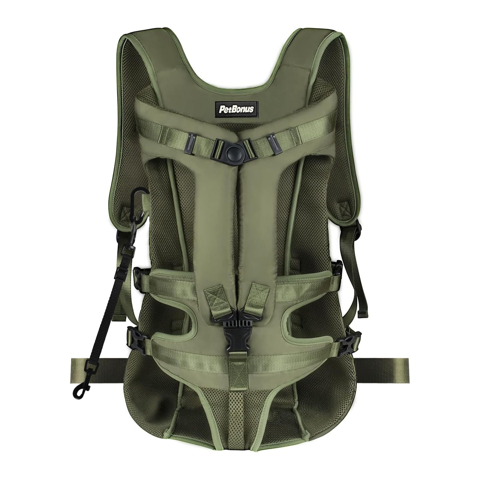 PetBonus frente portaperro en verde militar, ideal para paseos y rutas al aire libre