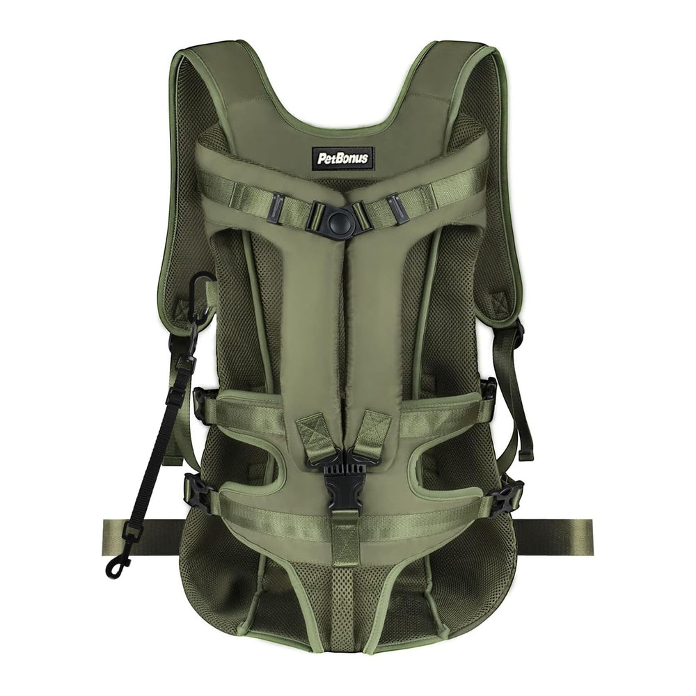 PetBonus frente portaperro en verde militar, ideal para paseos y rutas al aire libre