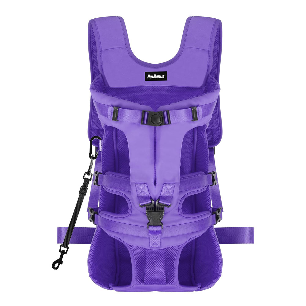 PetBonus mochila frontal para perro morado XL, ideal para paseos sin manos.