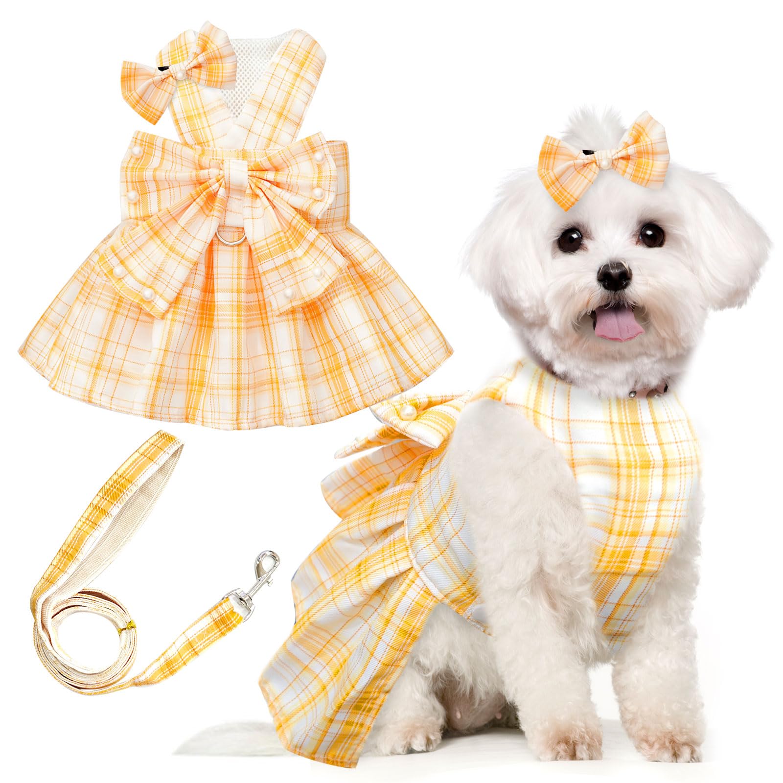 Vestido PETCARE de cuadros con perlas para perros, ideal para salidas elegantes