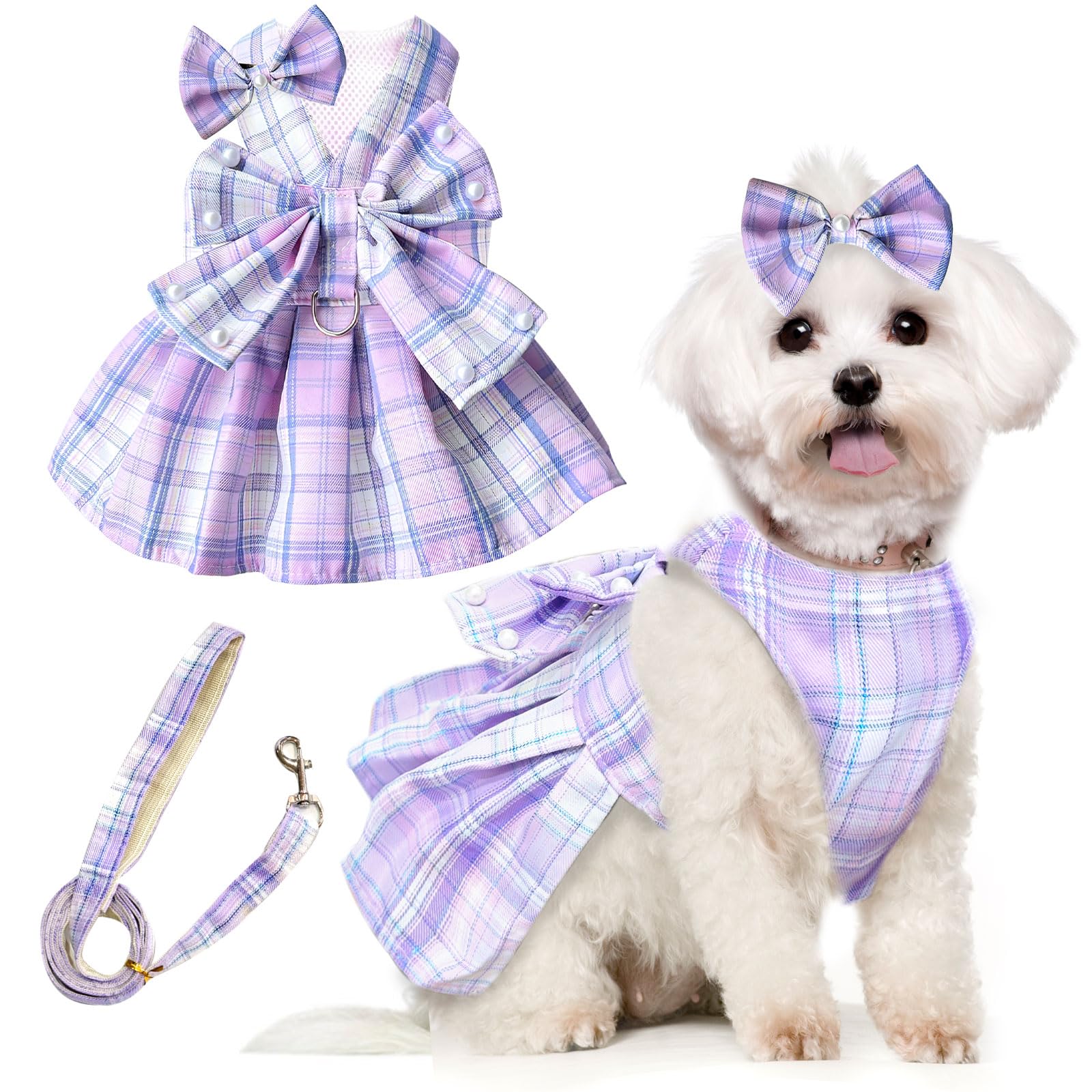 Vestido PETCARE para perro pequeño con cuadros morados y lazo, ideal para paseos