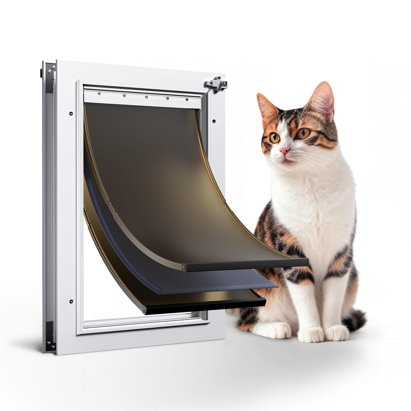 PETCOMING puerta para gato con marco blanco, diseño duradero para uso diario.