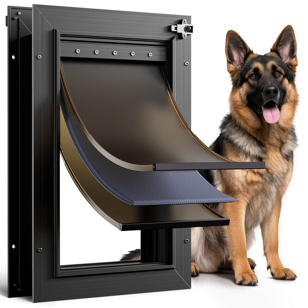 PETCOMING Puerta para perros en aluminio negro con tres palancas, alta durabilidad para uso diario.