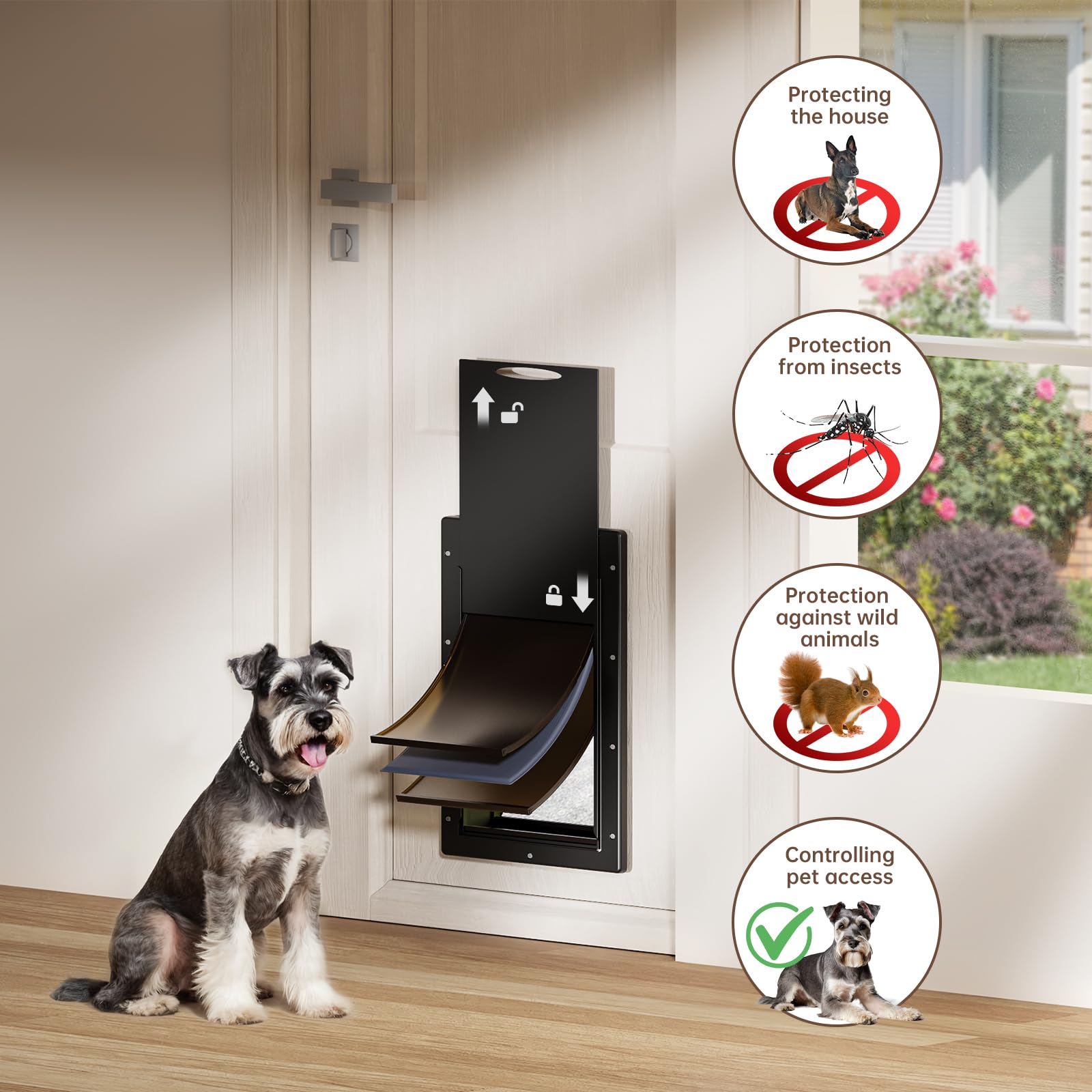 PETCOMMING puerta para perros con 2 pestañas magnéticas y panel de cierre.