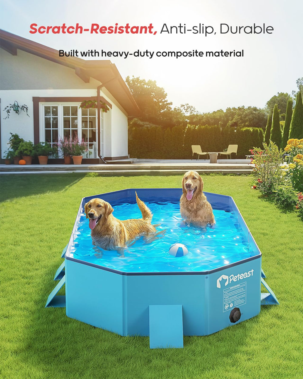 Peteast piscina para perros con drenaje dual para vaciado rápido