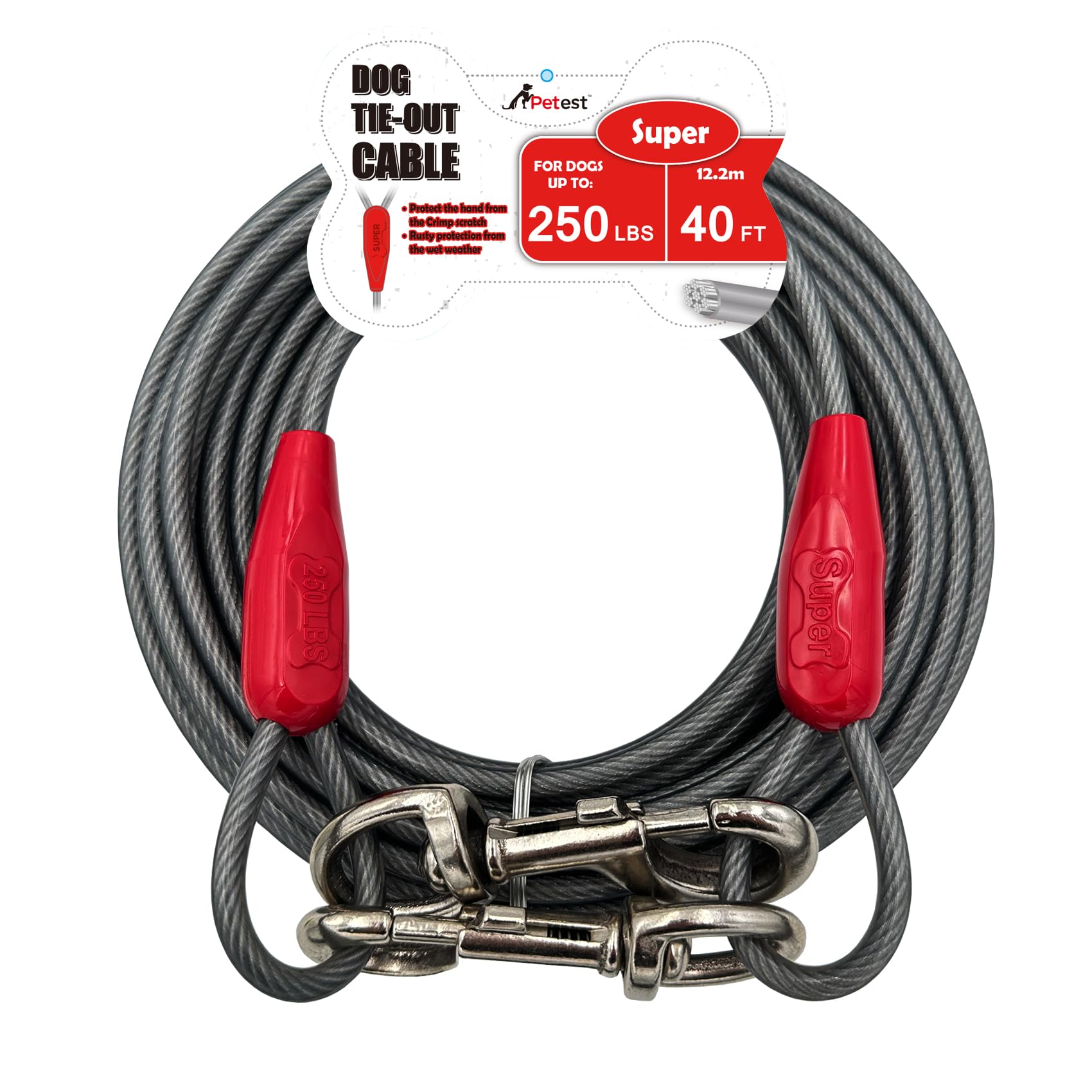 Petest cable sujecion 40ft para perros grandes, ideal para uso exterior.