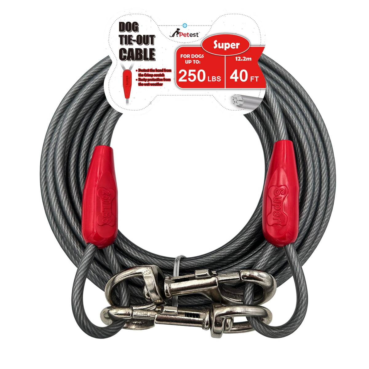 Petest cable sujecion 40ft para perros grandes, ideal para uso exterior.