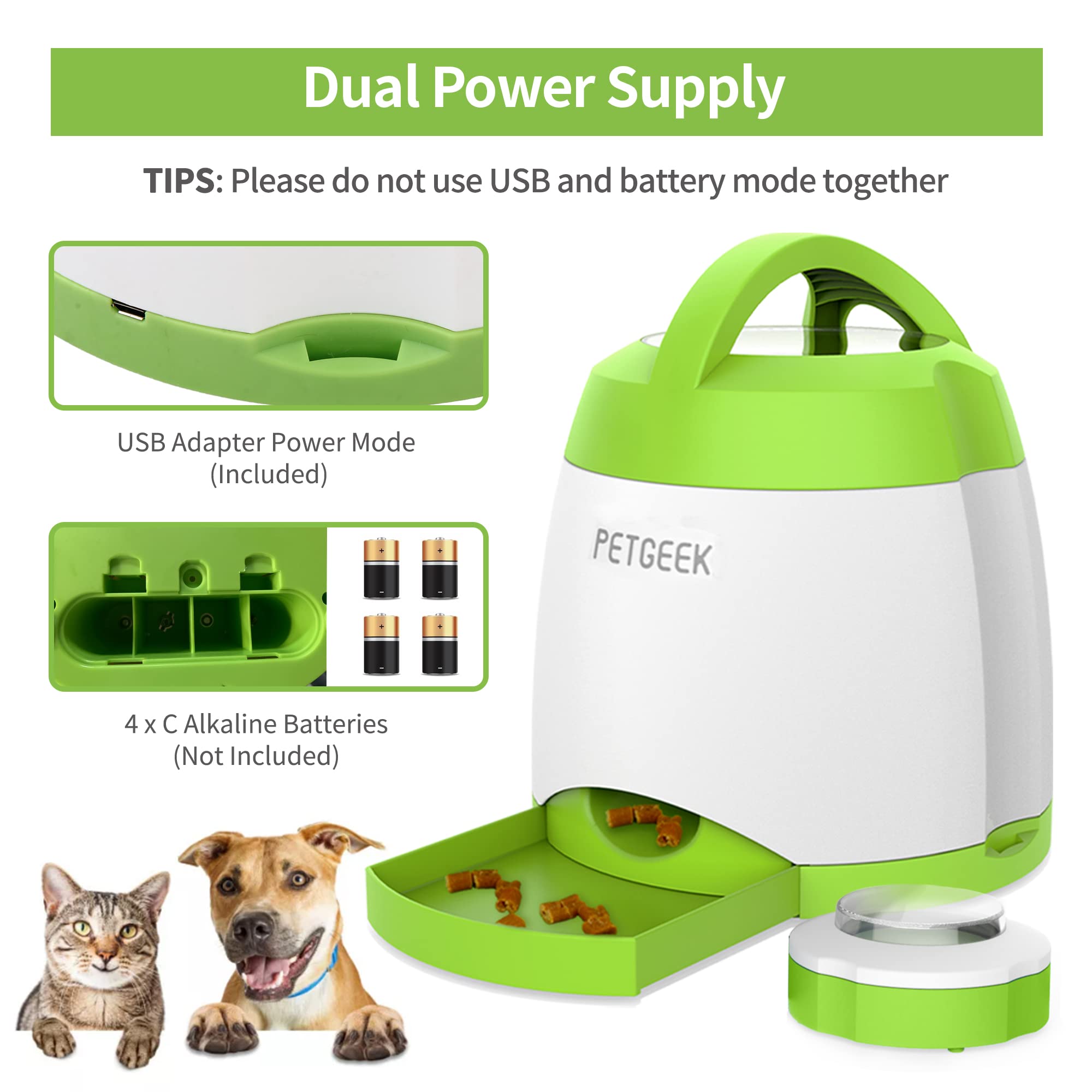 PETGEEK alimentacion-dual-baterias-usb ofrece uso flexible en casa o exterior.