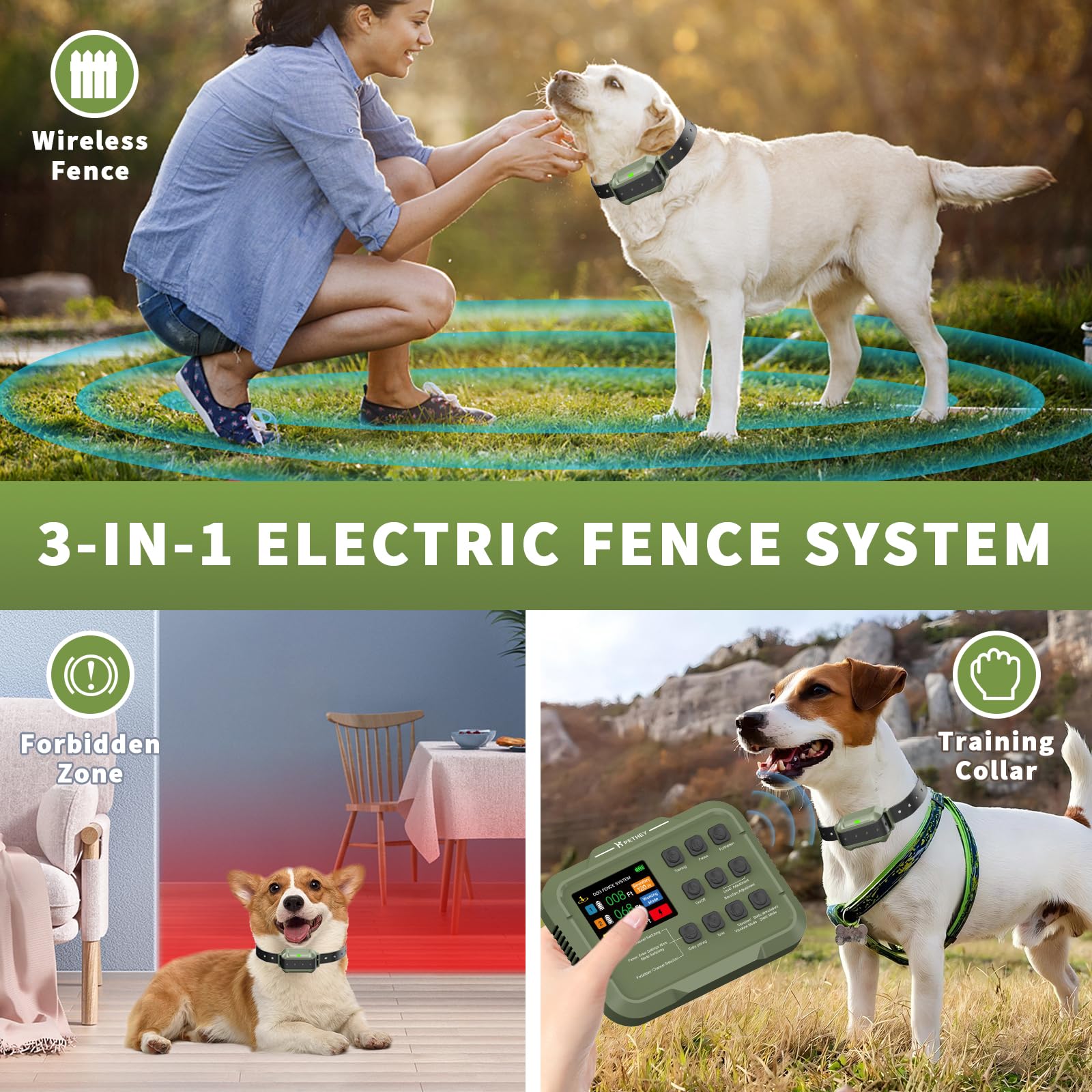 PETHEY collar IPX7 resistente al agua para juego seguro.