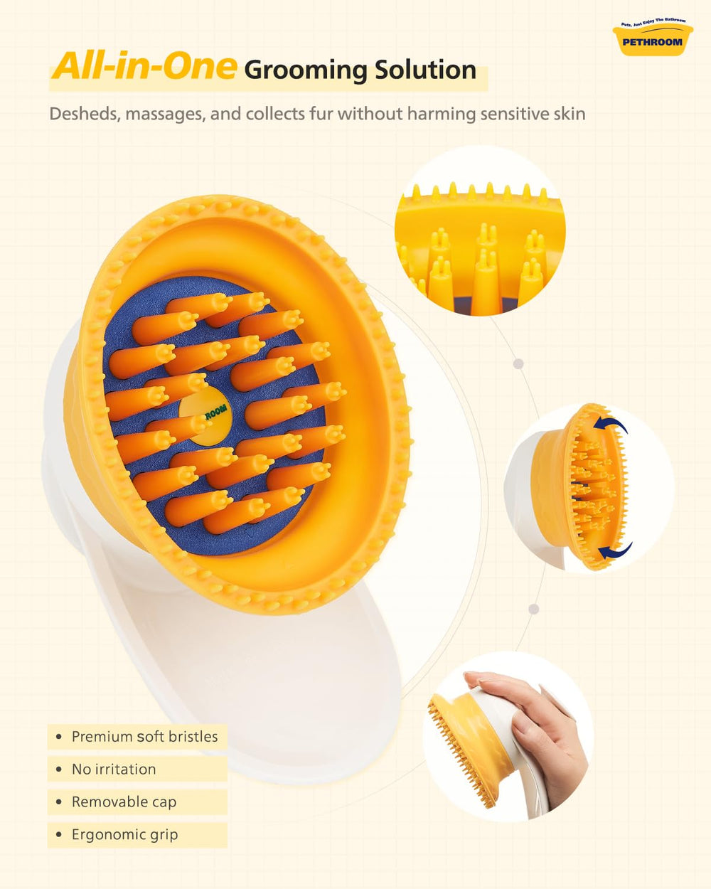 Cepillo de silicona suave PETHROOM, aporta suavidad al pelaje gracias a su silicona flexible.