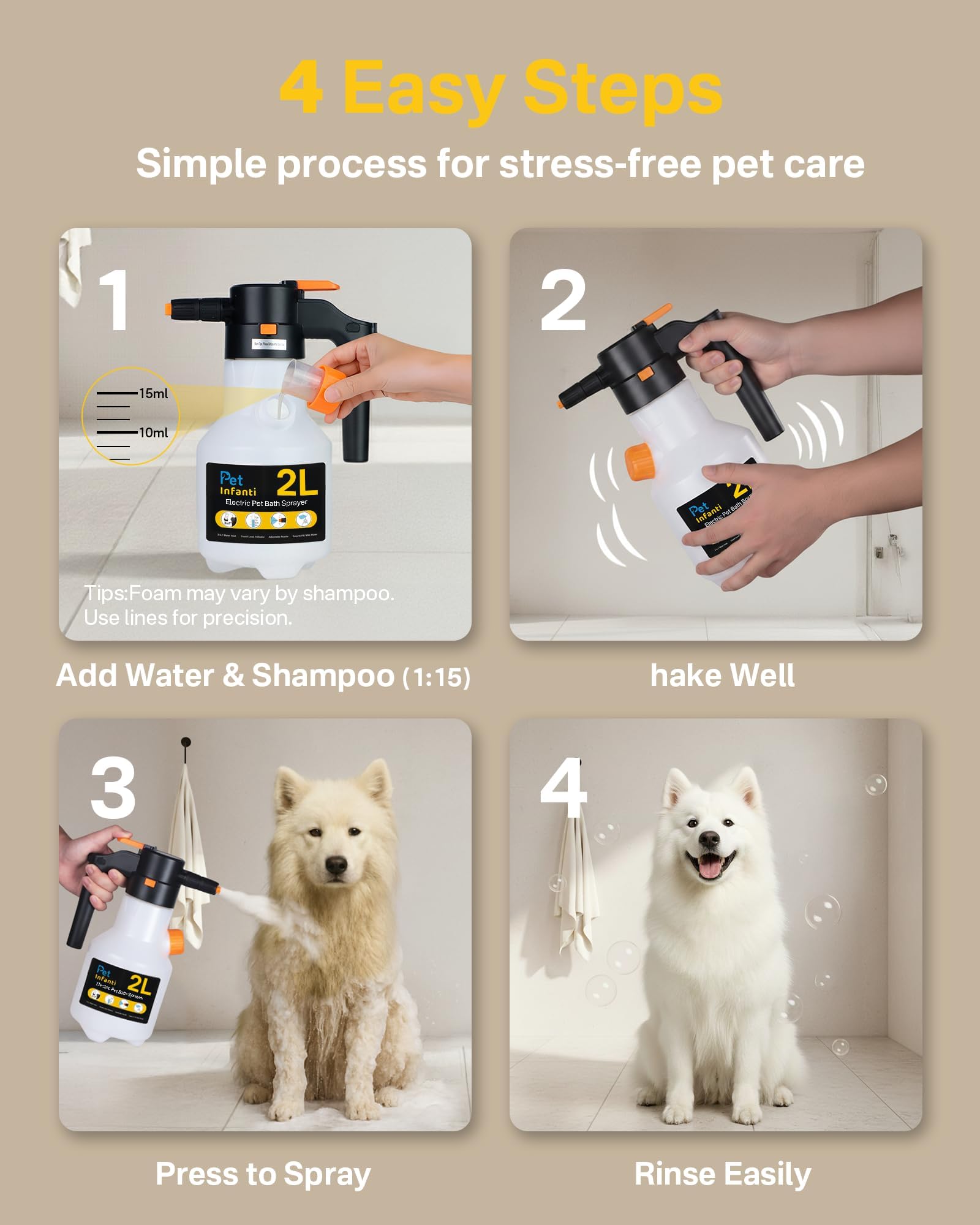 PetInfanti capacidad 2L ideal para limpiar varias mascotas en una sesión.