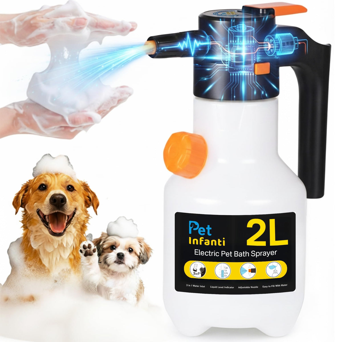 PetInfanti dispensador champú eléctrico 2L facilita baño rápido de perros y gatos.