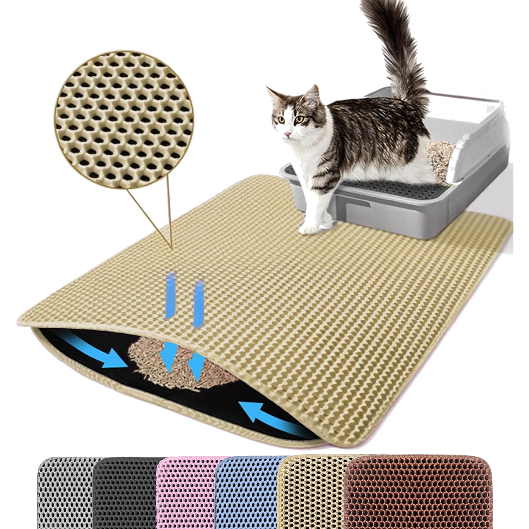 Alfombra Petinstinct extra grande frente a la caja captura migas y mantiene el suelo limpio.