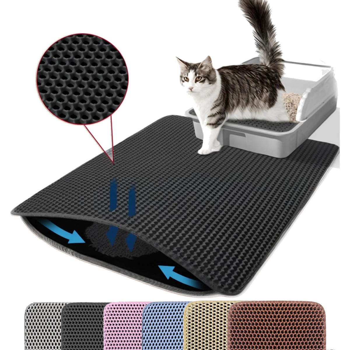 Petinstinct alfombrilla para arena de gato frente a la caja, reduce desorden diario.