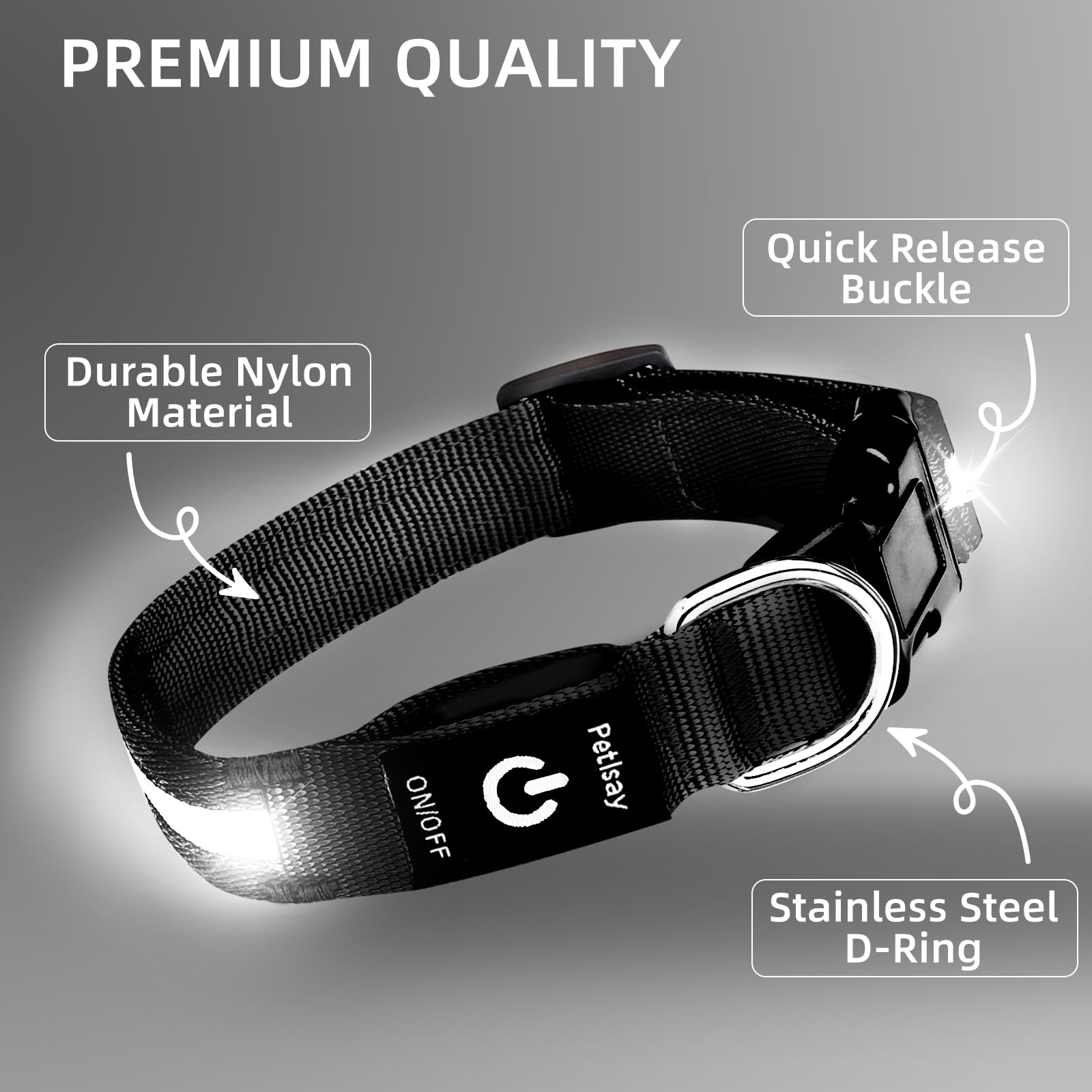 PetIsay collar LED, carga USB-C rápida para caminatas nocturnas.