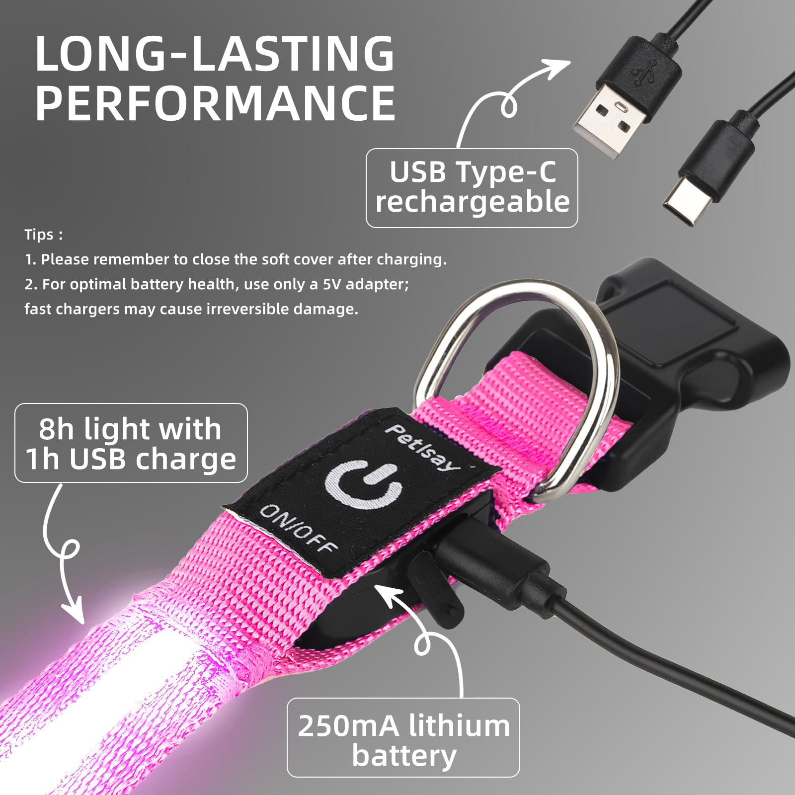 Collar LED PetIsay con tres modos de iluminación para diferentes entornos.