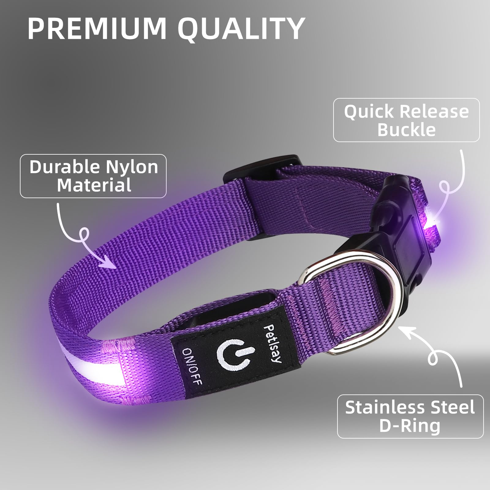 PetIsay collar LED morado para caminatas nocturnas seguras y visibles.