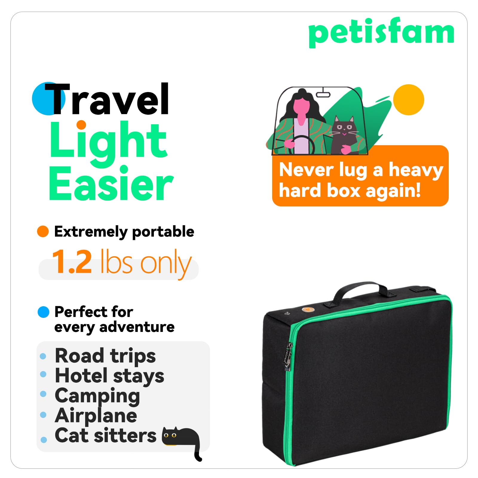 Petisfam bandeja portátil para gatos con tapa zip para evitar derrames.