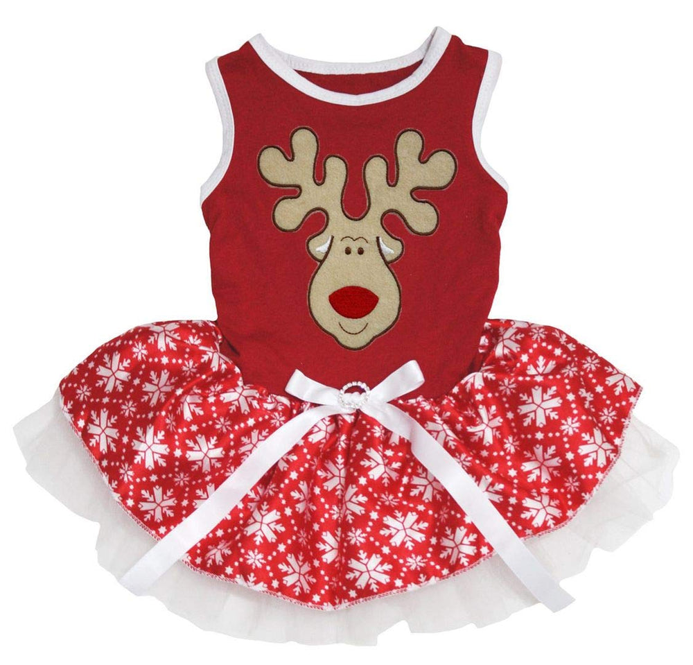Vestido Petitebella con rostro de reno para perro, ideal para fiestas y sesiones de fotos.