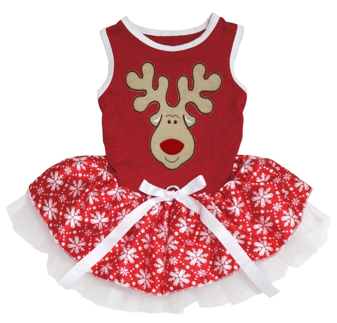 Vestido Petitebella con rostro de reno para perro, ideal para fiestas y sesiones de fotos.