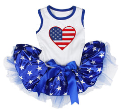 Vestido Petitebella para cachorro con corazon blanco y estrellas azules, ideal para fiestas y paseos.