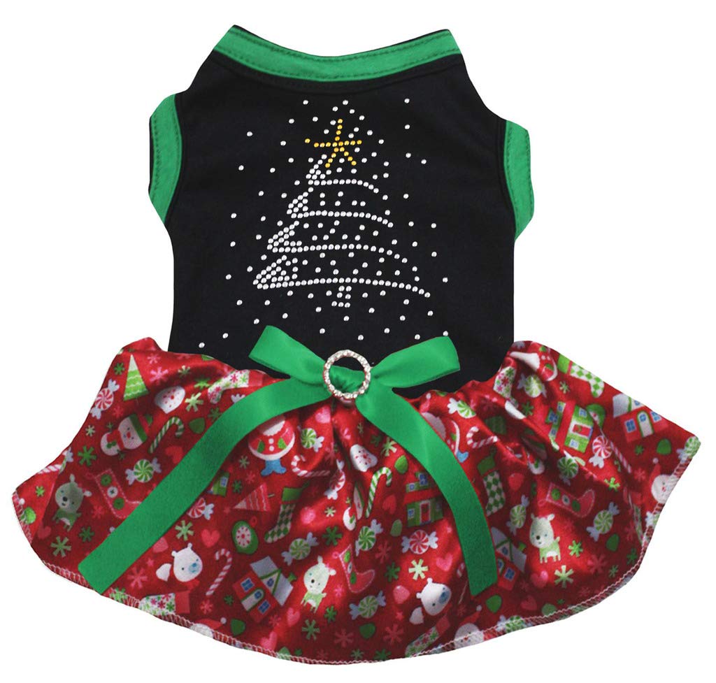 Vestido Petitebella para perro con lentejuelas en forma de árbol, ideal para fiestas navideñas.
