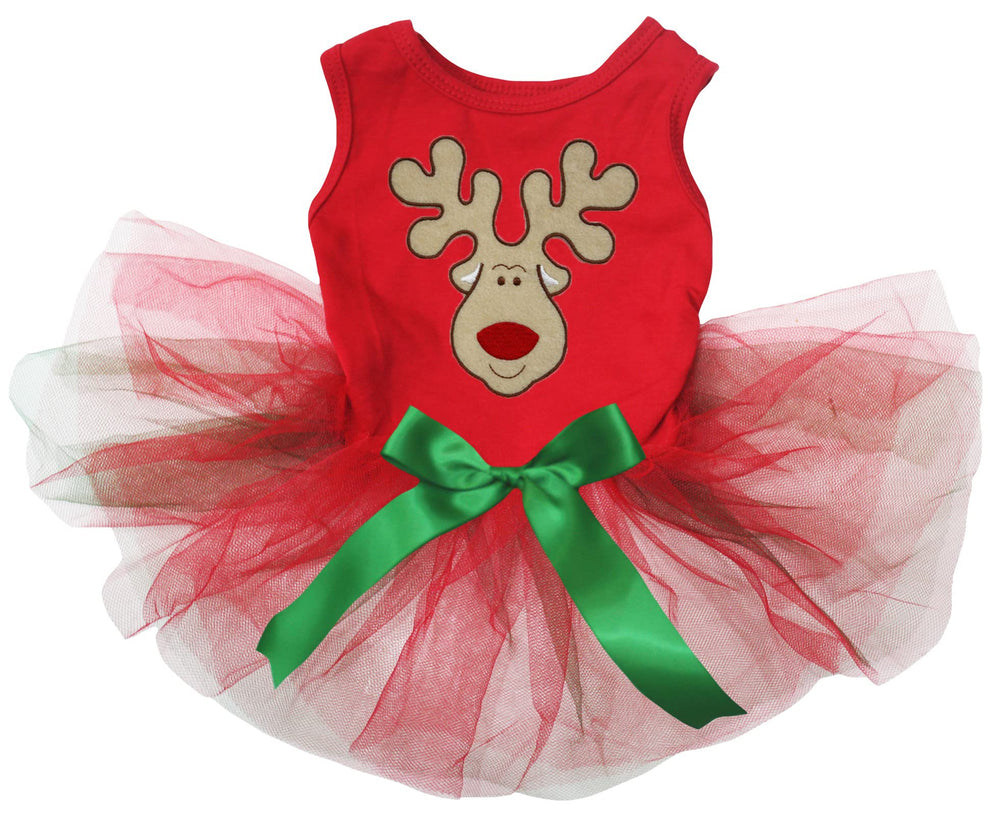Vestido Petitebella con rostro de reno para cachorro, ideal para fiestas y sesiones de fotos.