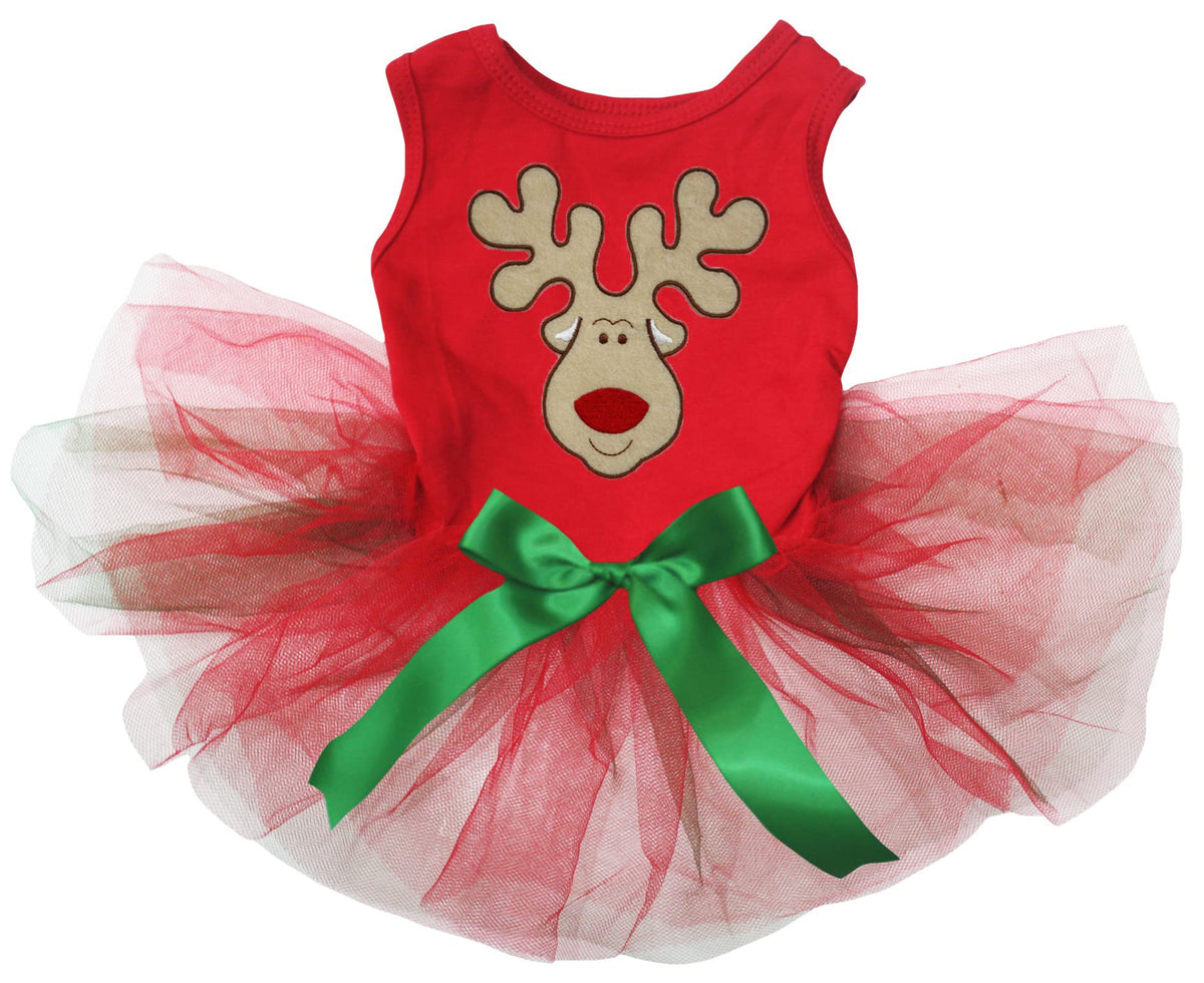 Vestido Petitebella con rostro de reno para cachorro, ideal para fiestas y sesiones de fotos.