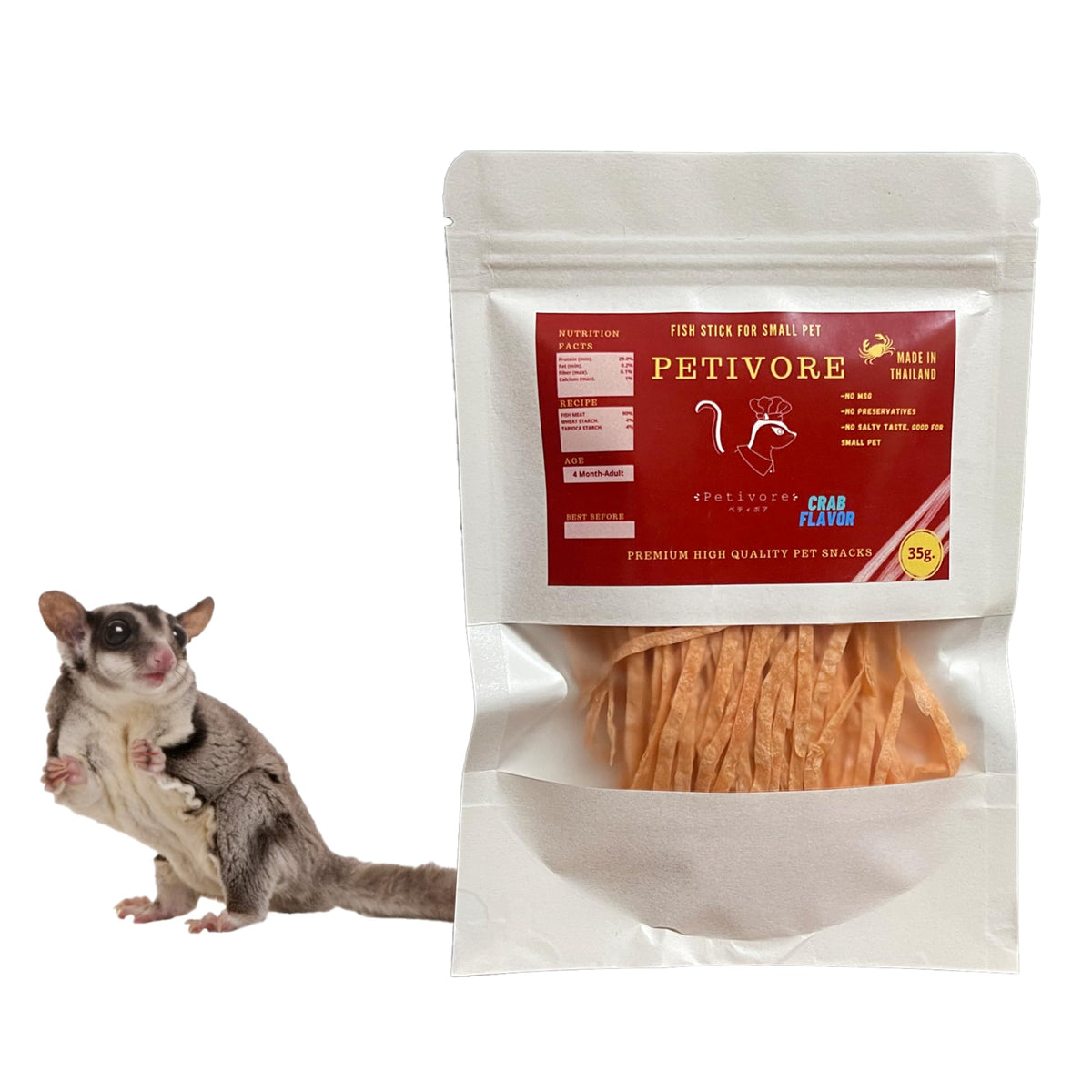 PETIVORE Sabor cangrejo y pescado real, recompensa deliciosa para mascotas pequeñas.