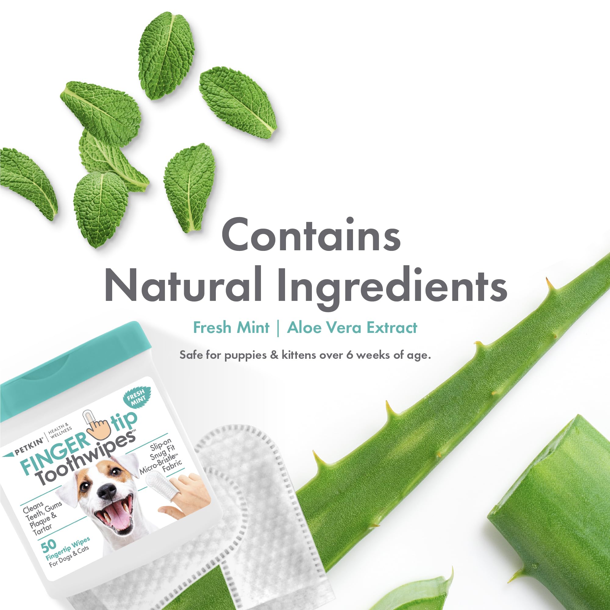 Uso sin agua con Petkin Fingertip Tooth Wipes, ideal para viajes.