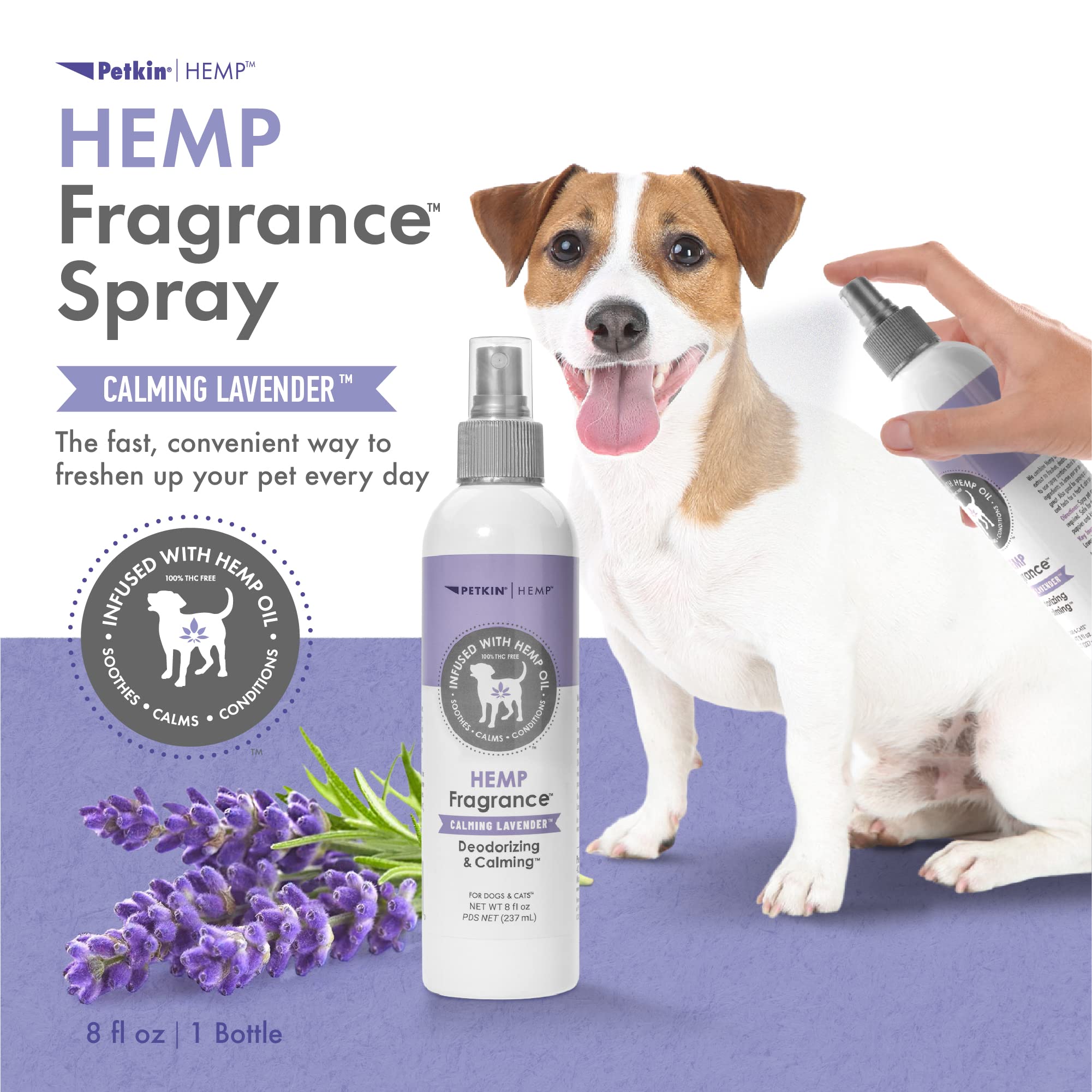 Petkin fragancia cáñamo con lavanda, aroma calmante para mascotas.