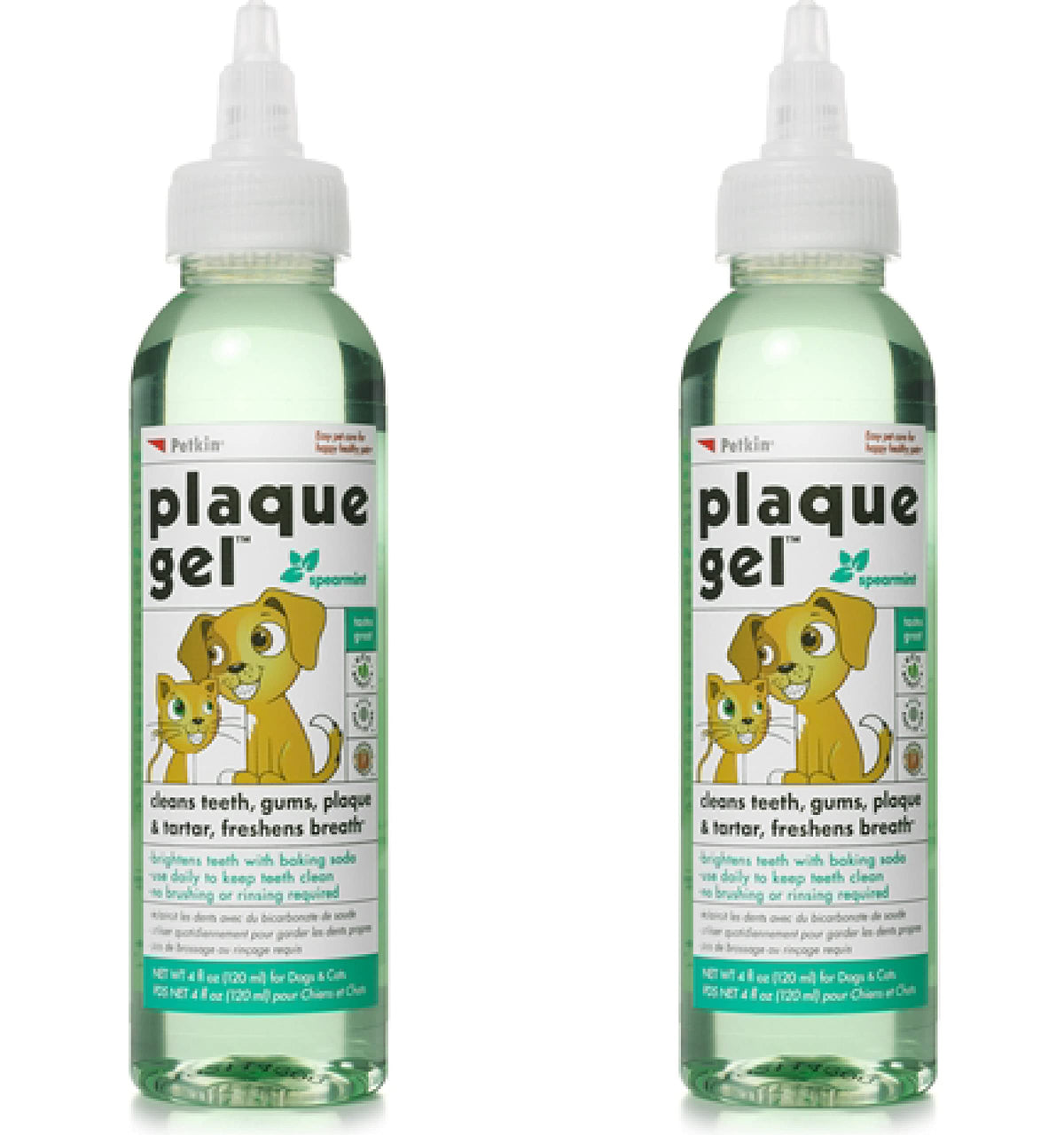 Petkin gel eliminador de placa para perros y gatos, botellas listas para uso diario.