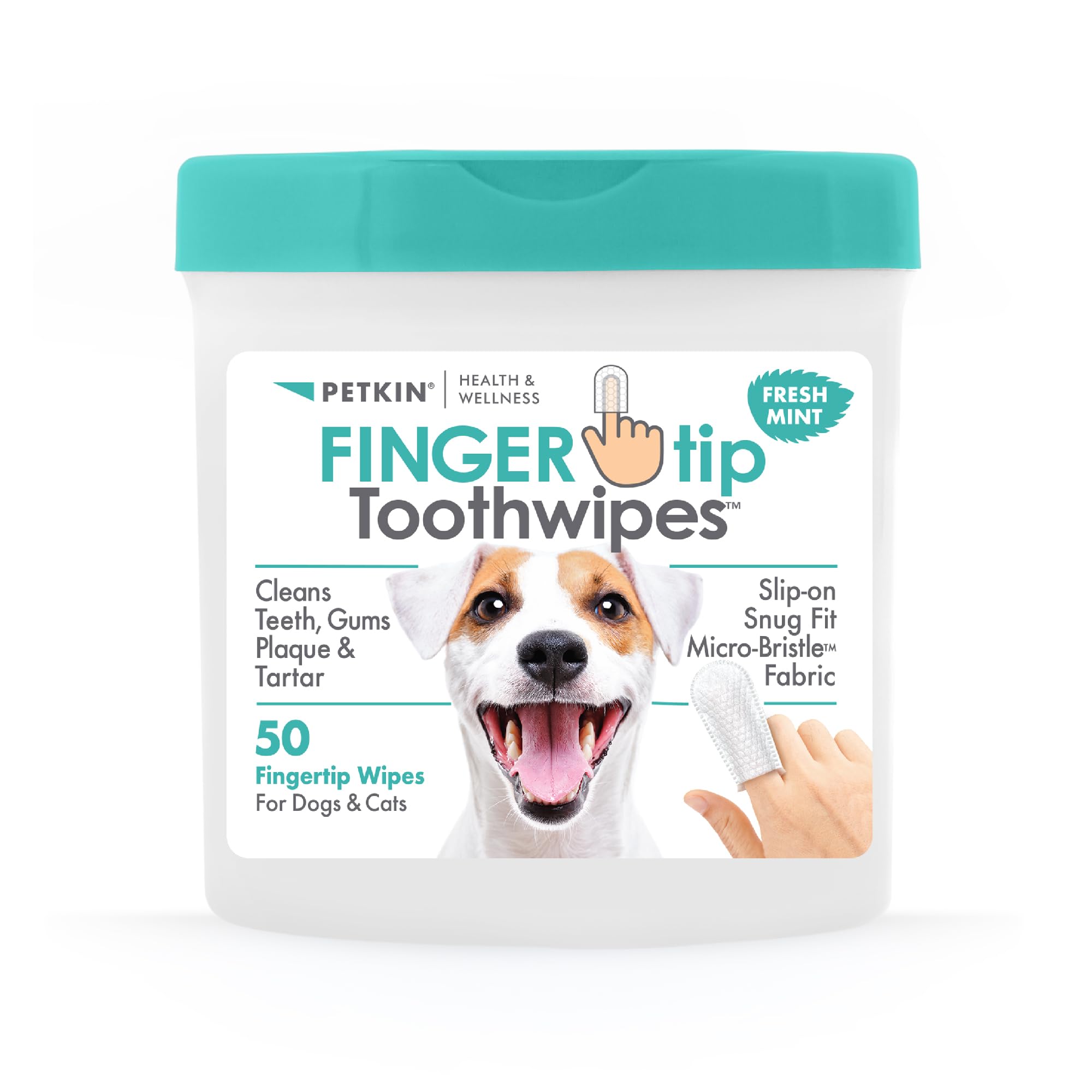 Petkin Fingertip Tooth Wipes con empaque para limpieza dental diaria de mascotas.