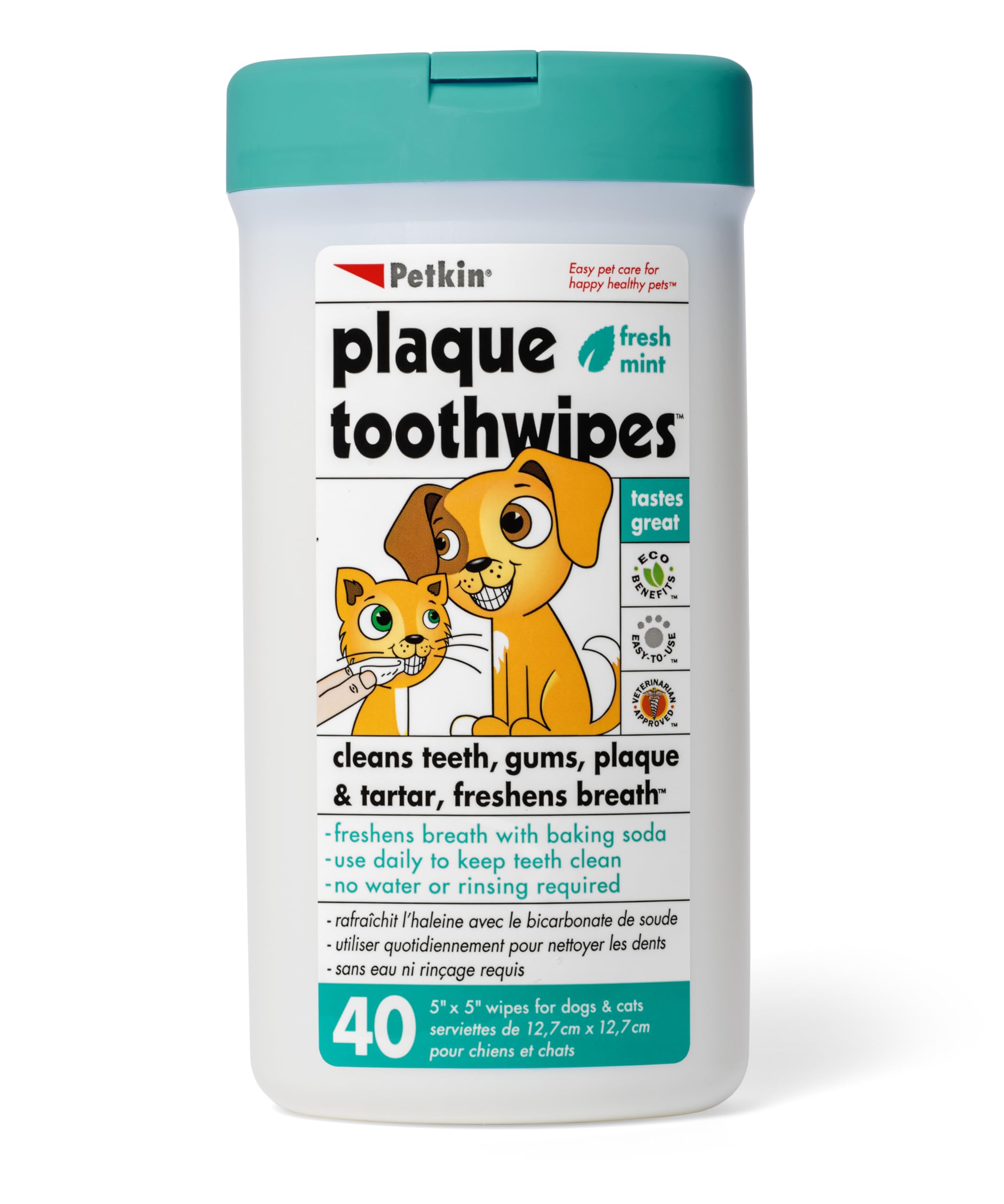 Petkin muestra toallitas dentales de menta fresca en envase para uso diario.