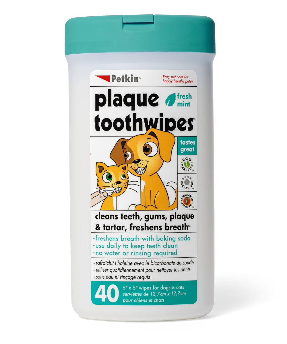 Petkin muestra toallitas dentales de menta fresca en envase para uso diario.