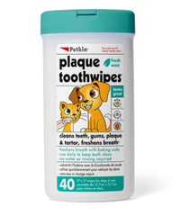 Petkin muestra toallitas dentales de menta fresca en envase para uso diario.