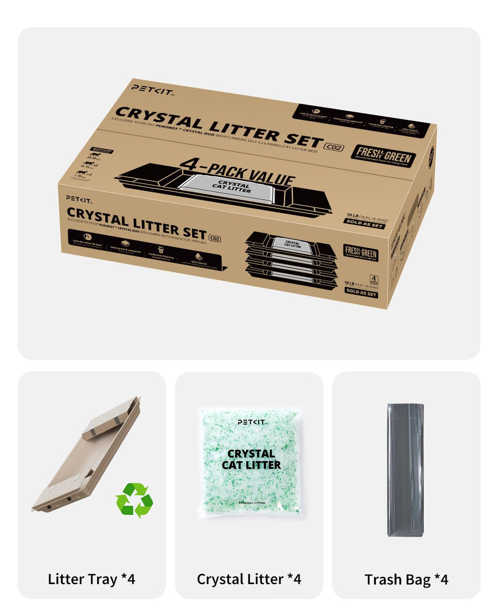 PETKIT Crystal Litter: frescura verde botanica para aroma suave y natural.