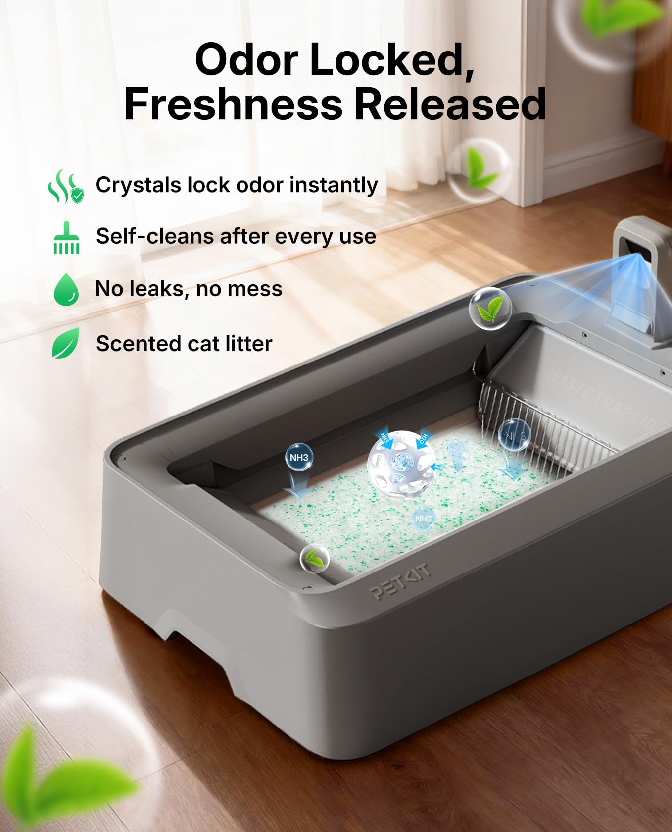 PETKIT Crystal Litter: tapa integrada para contener humedad y olores sin filtraciones.