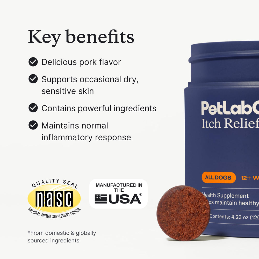 PetLab Co Itch Relief Chew Pro con aceite de borraja, omega-6 para piel cómoda.