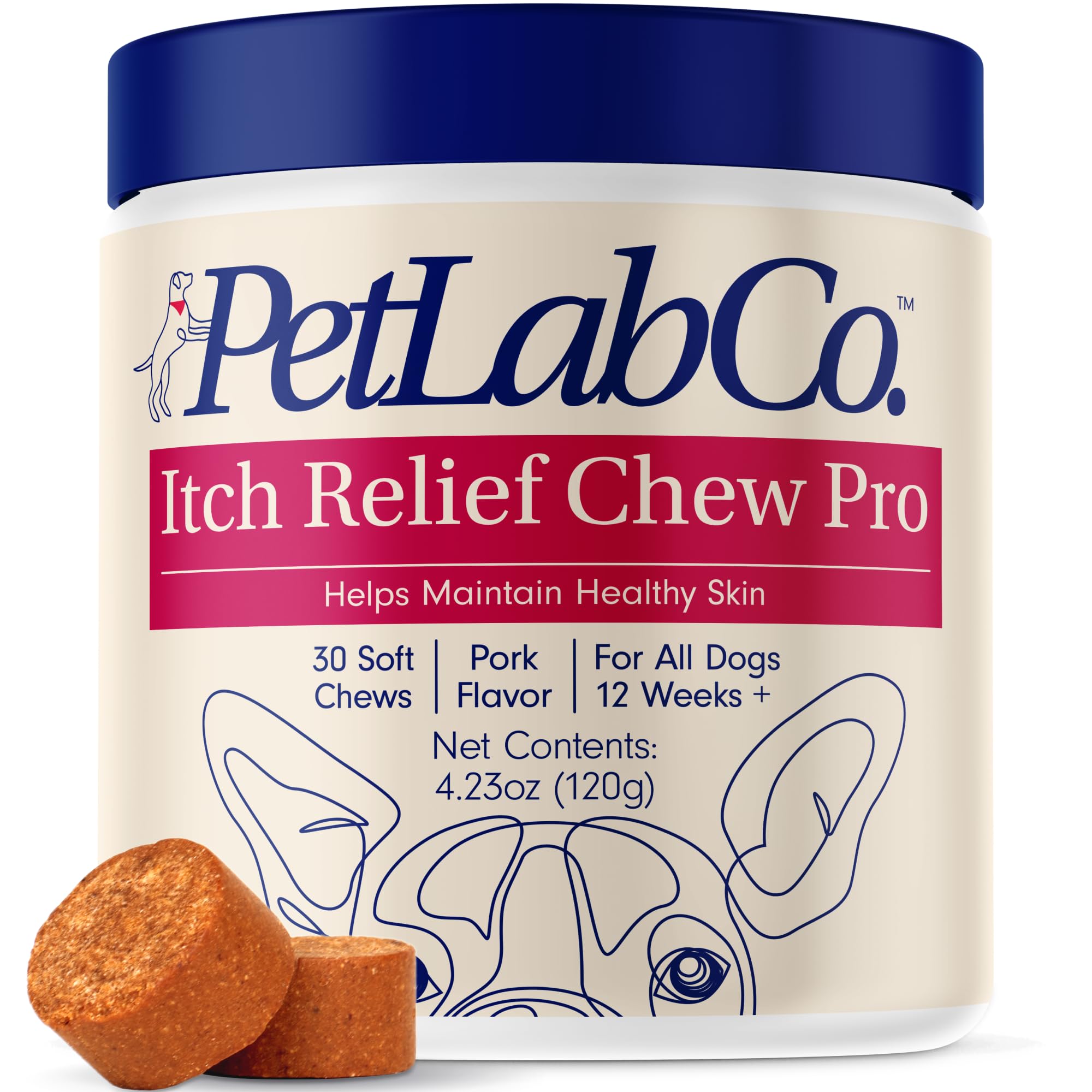 PetLab Co Itch Relief Chew Pro para perros, alivio de picor y piel sana.