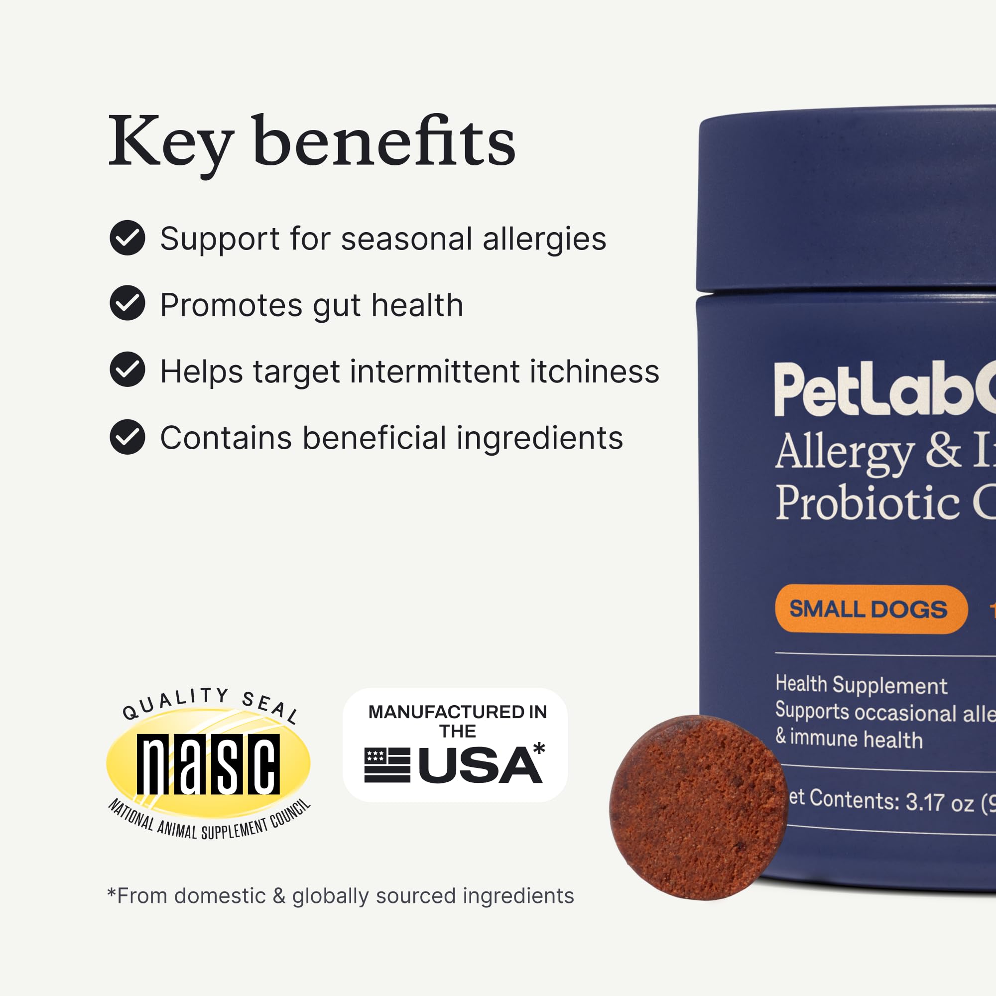PetLab Co. etiqueta de probióticos para perros, ingredientes clave visibles.