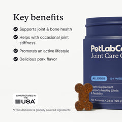 PetLab Co. omega-3 para articulaciones, promoviendo movilidad saludable.