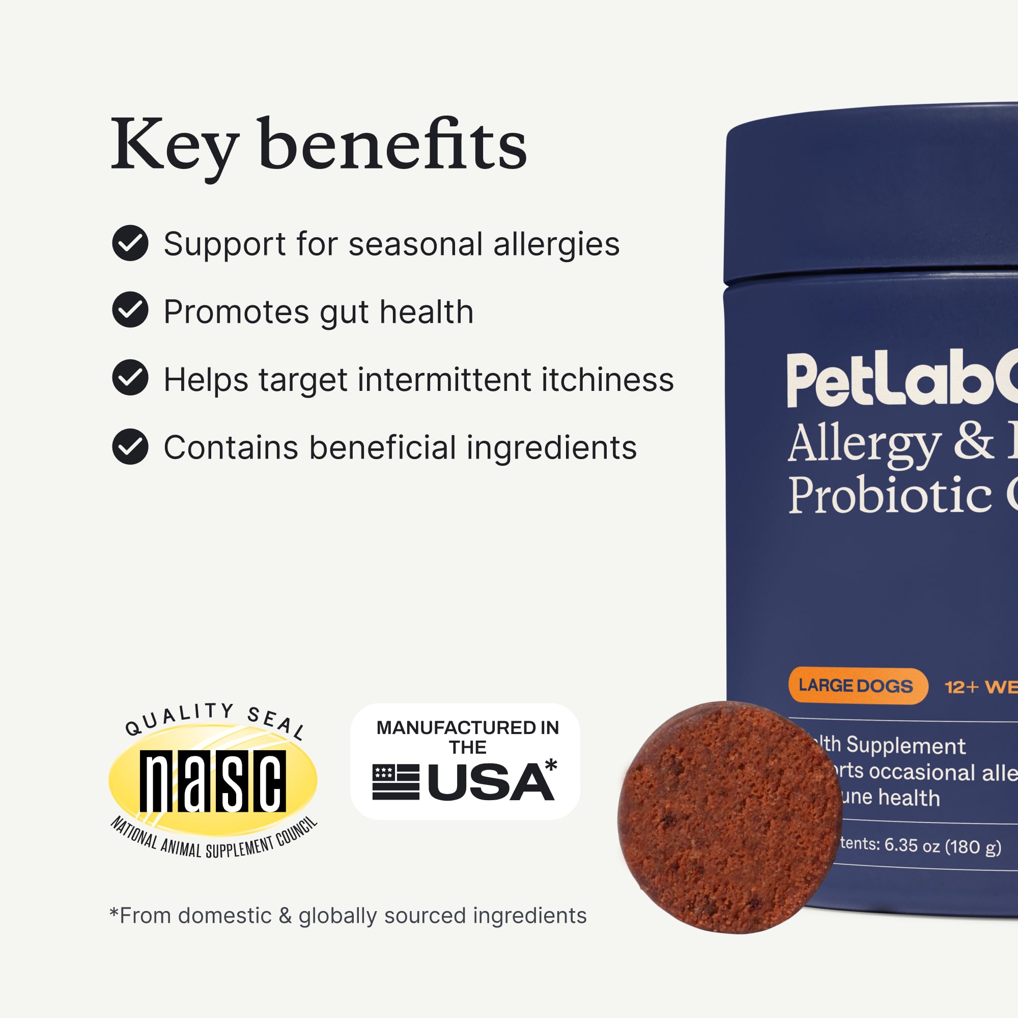 PetLab Co probióticos para perros, apoyo suave para alergias estacionales.