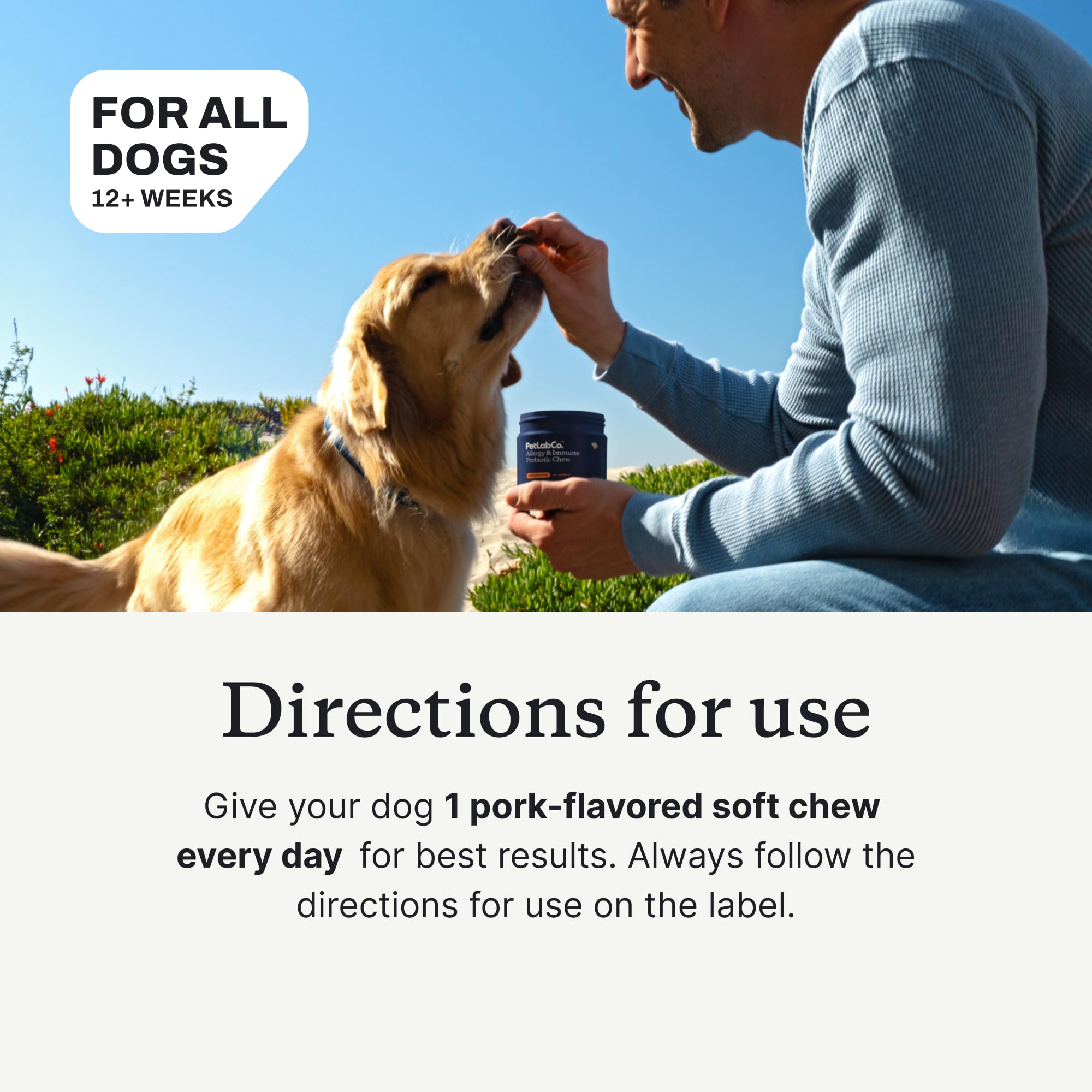 PetLab Co probióticos para perros, apto para razas grandes y uso diario.