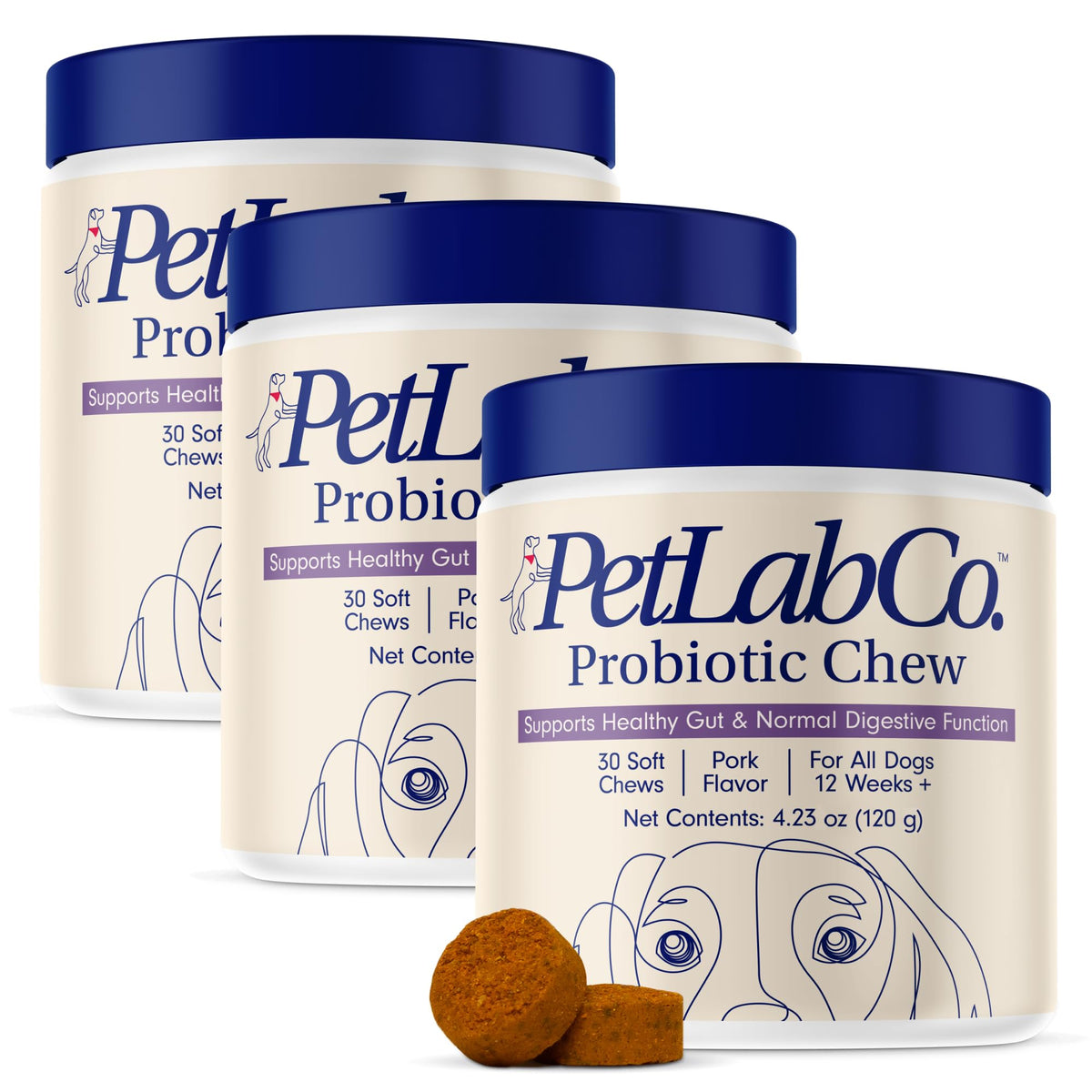 PetLab Co. probióticos para perros con empaque de tres para ahorro diario.