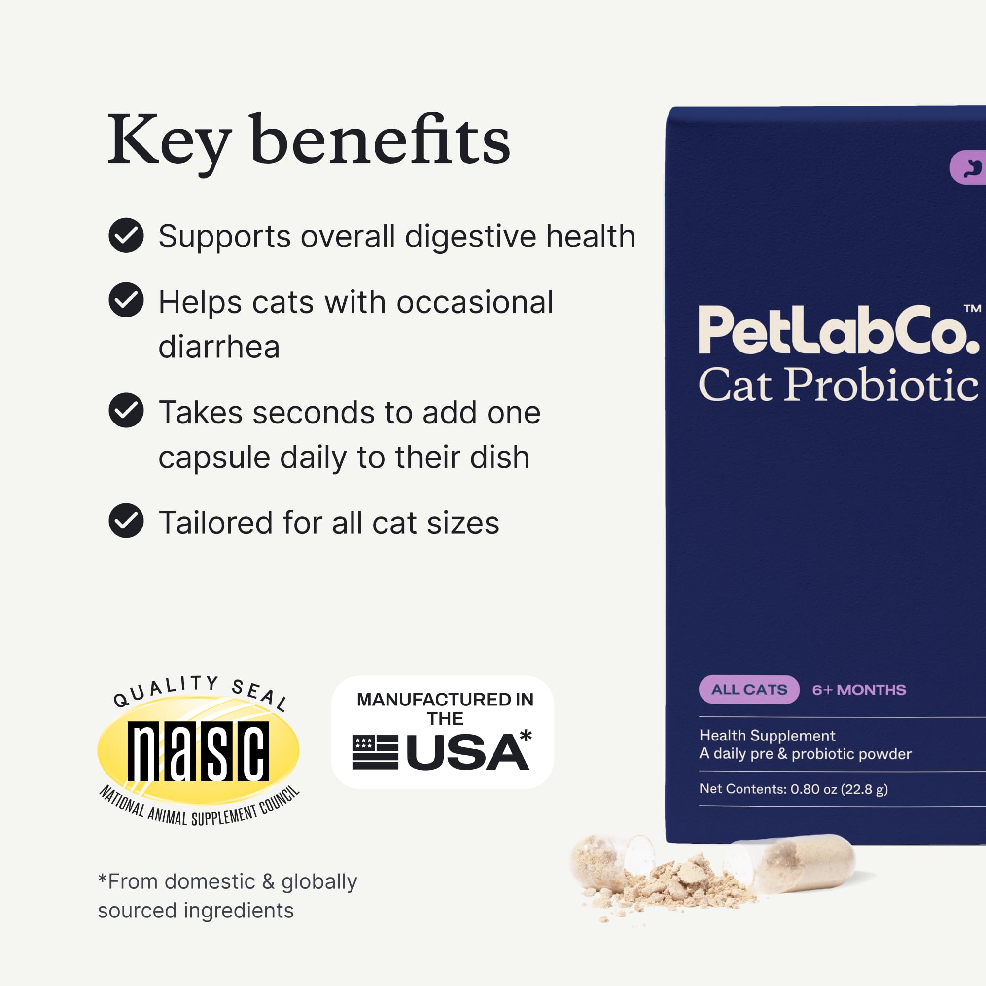 PetLab Co probióticos para gatos, dosis diaria, apoyo digestivo suave.