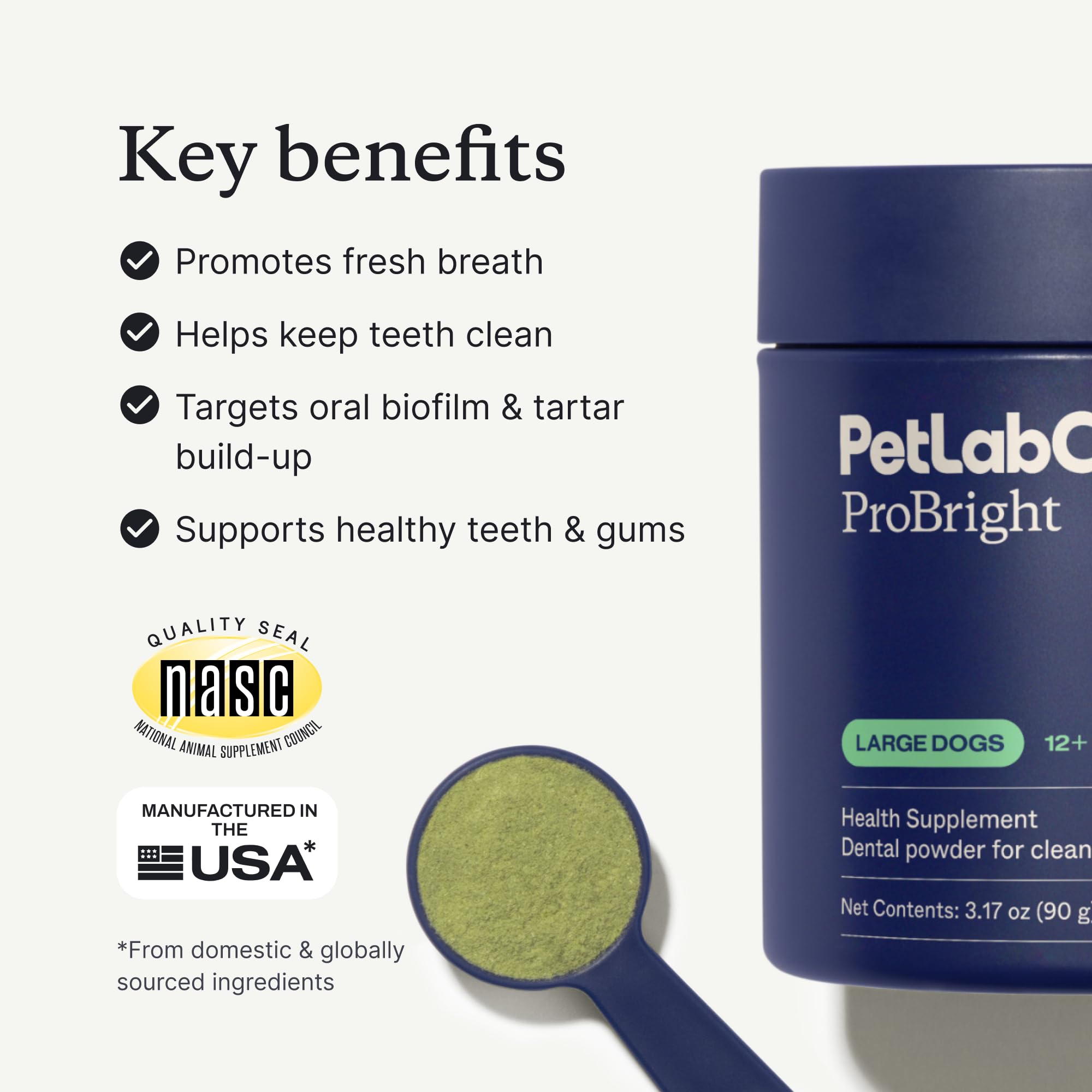 PetLab Co ProBright aplicación diaria de polvo dental para perros grandes.