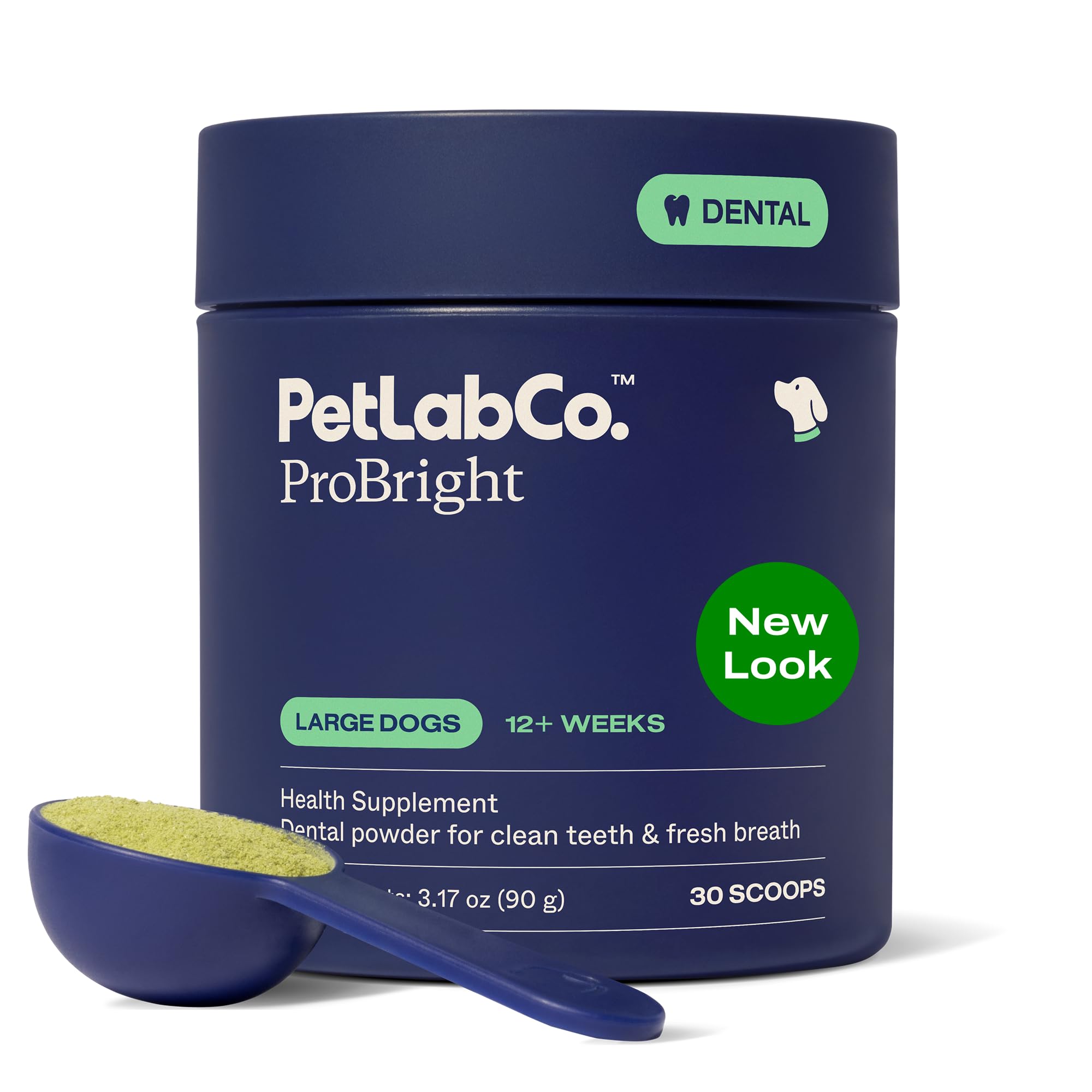 PetLab Co ProBright polvos dentales para perros grandes, respiro fresco y olor agradable.