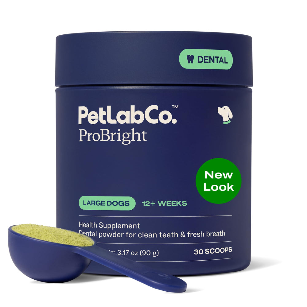 PetLab Co ProBright polvos dentales para perros grandes, respiro fresco y olor agradable.
