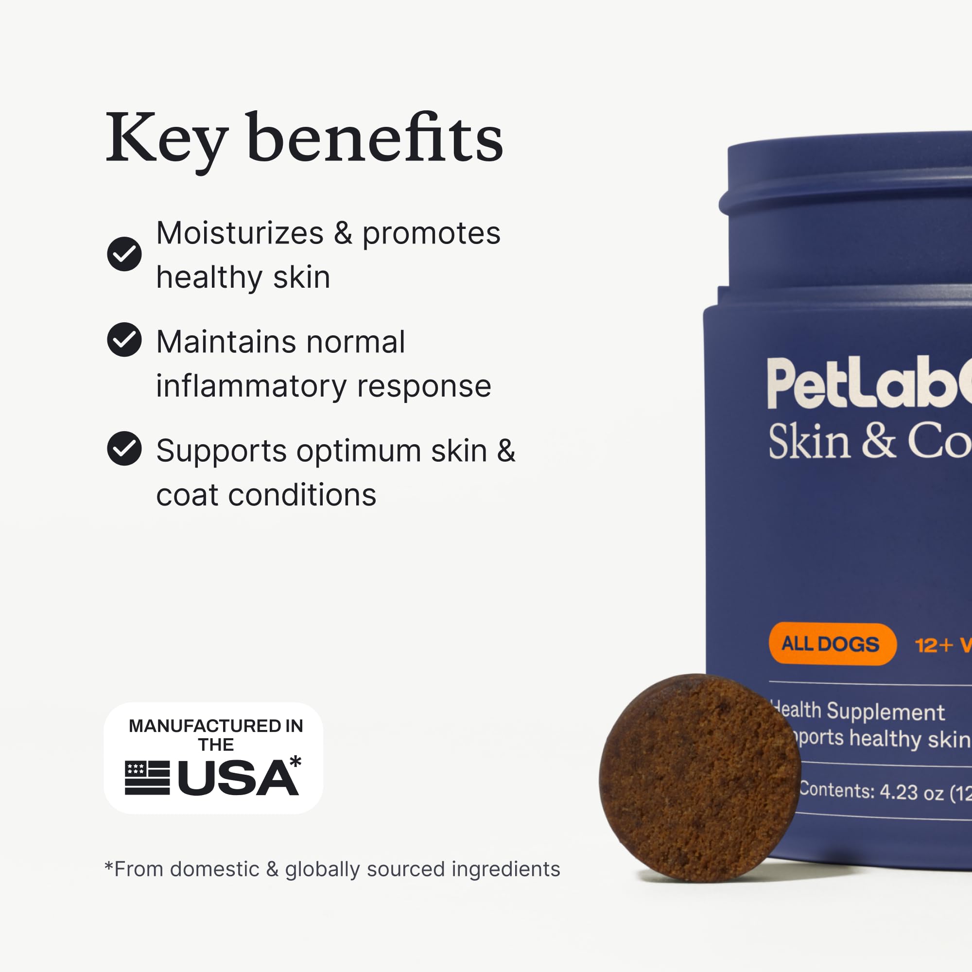 PetLab Co Skin & Coat Chew, textura cerdo, complemento sabroso para la salud del pelaje